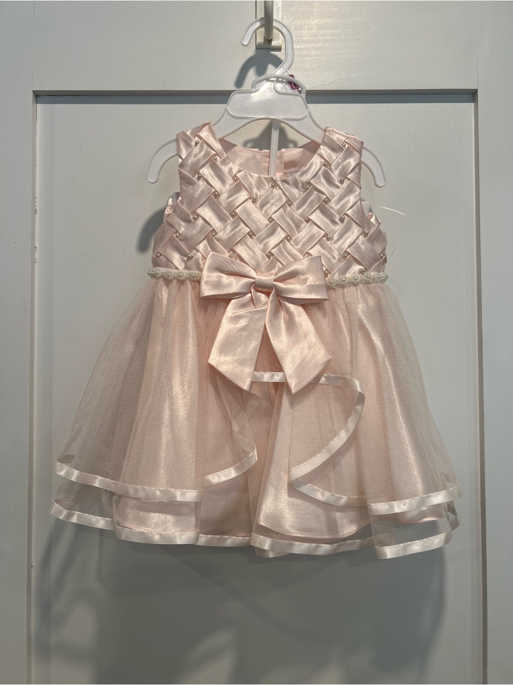 Rare Editions Blush Satin Basketweave Tulle Dress with Bow